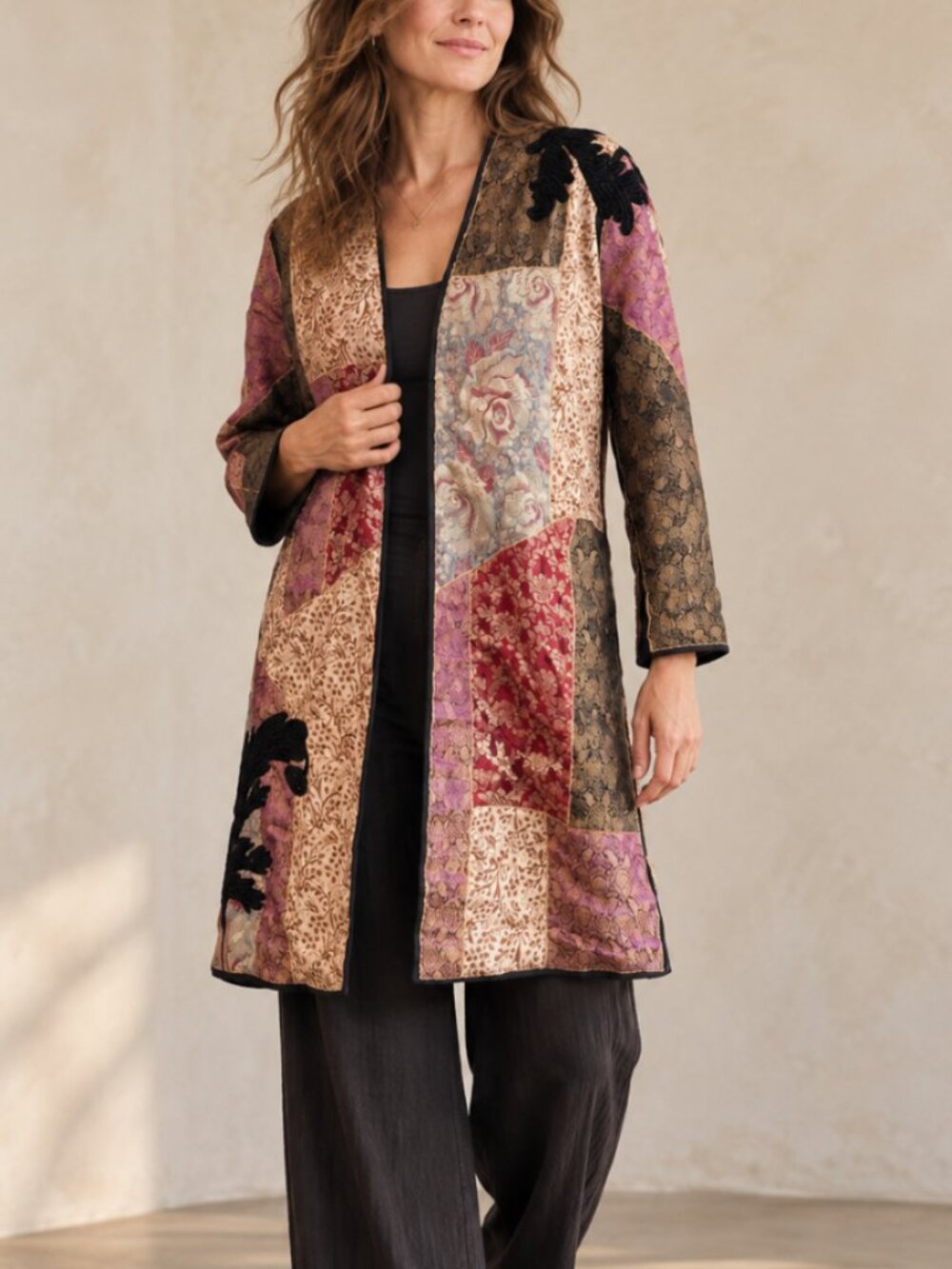 Soft Surroundings Patchwork Jacket Tapestry Duster Gold Trim Hook Closure M
